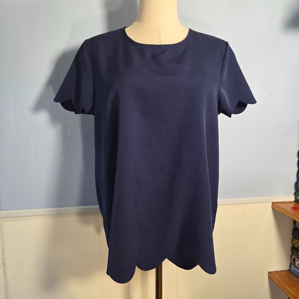 Unbranded Medium Navy Blue Crewneck Scalloped Trim Shortsleeve Basic Blouse